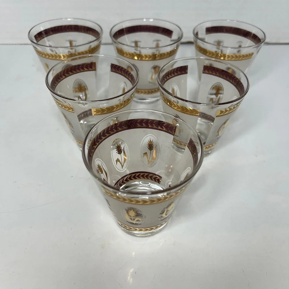 Vintage 15 Pc MCM Gold Wheat Foliage Etched Leaf Bar Set